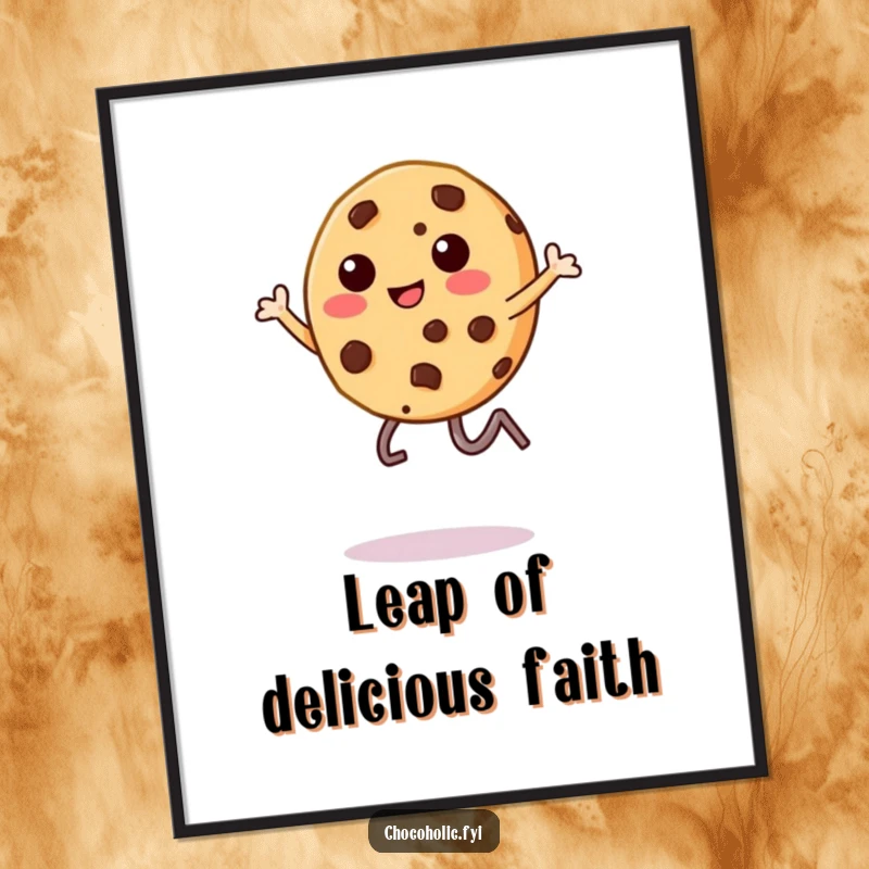 Funny chocolate chip cookie character, legs kicking high in a mid-leap, adorning a poster, vibrant and humorous.