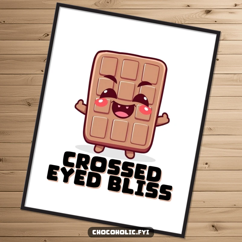 Funny poster of a chocolate bar character making a funny, crossed-eyed expression with a delighted giggle, embodying pure, lighthearted fun.