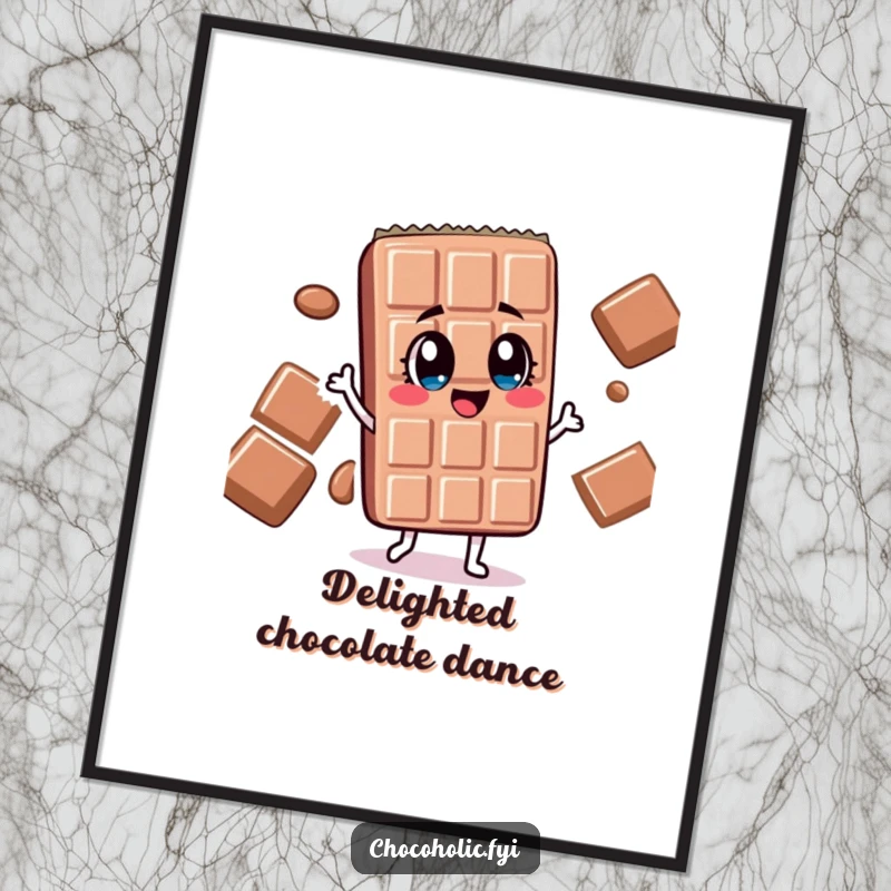 Funny chocolate bar character with wide, delighted eyes doing a silly dance on a vibrant poster, bringing joy.