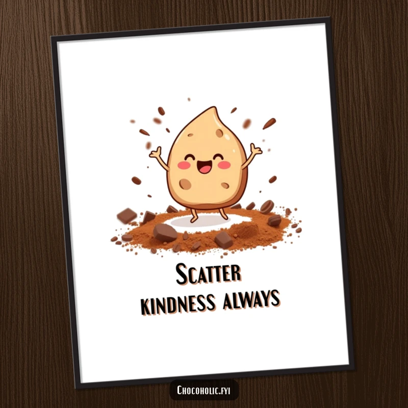 Funny dancing chocolate chip character with tiny legs doing a happy dance, scattering cocoa powder on a poster.