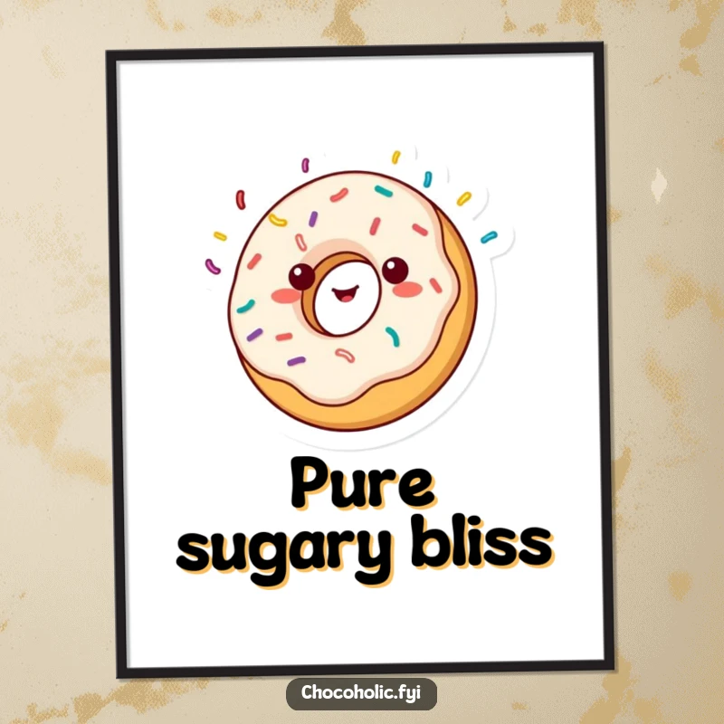 Funny kawaii donut character, spinning with sprinkles flying, depicted on a vibrant wall art poster, full of energy.