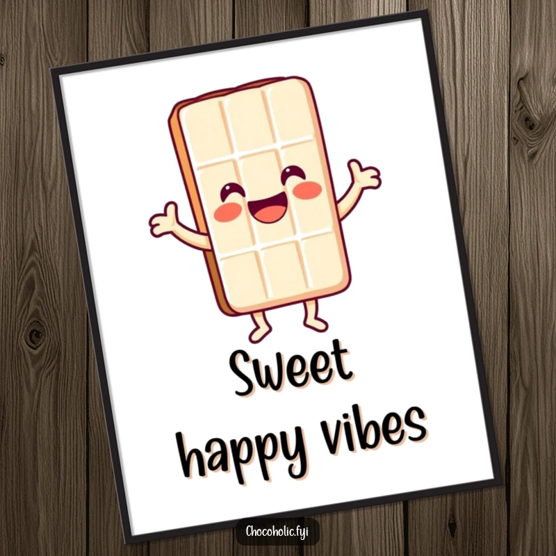 Funny Kawaii chocolate bar character with a huge smile dancing joyfully, creating a sweet and humorous poster.