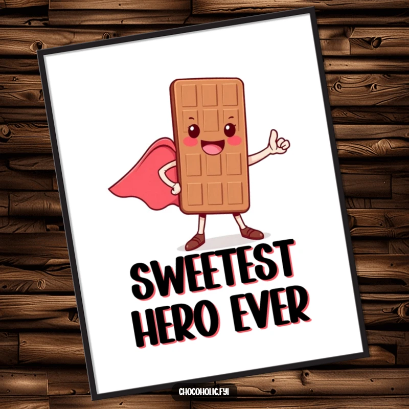 Funny poster of a cheerful chocolate bar character in a heroic pose, cape flowing majestically, a symbol of courage.