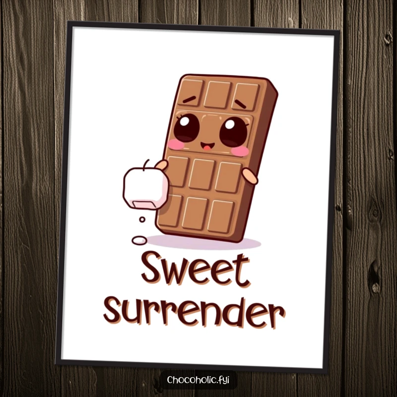 Funny Kawaii chocolate bar with ecstatic eyes, reaching for a falling marshmallow on a charming wall poster.