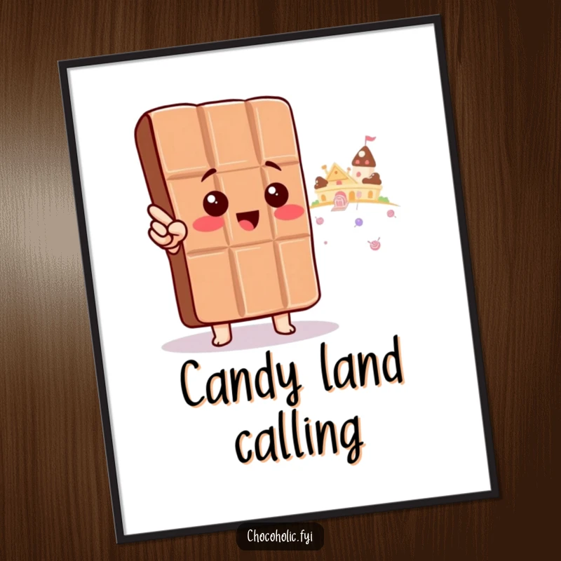 Funny Poster: A kawaii chocolate bar character excitedly points towards a distant candy land, inspiring sweet dreams and adventure.