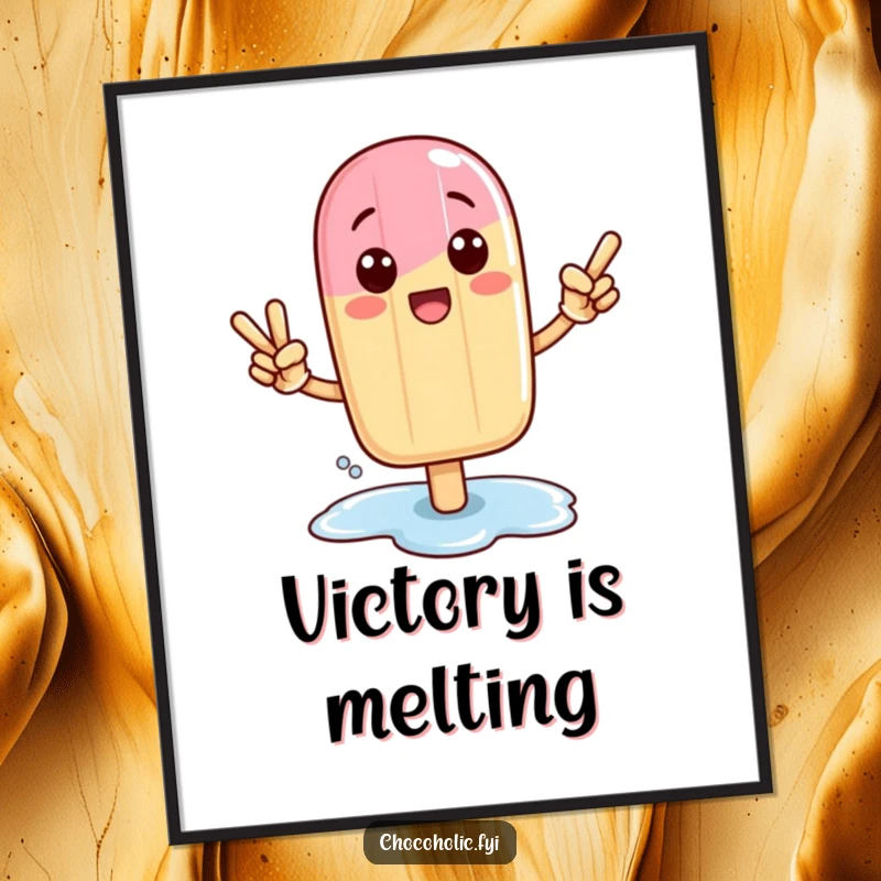 Funny Kawaii popsicle character in a victory pose with a melting puddle, as wall art.