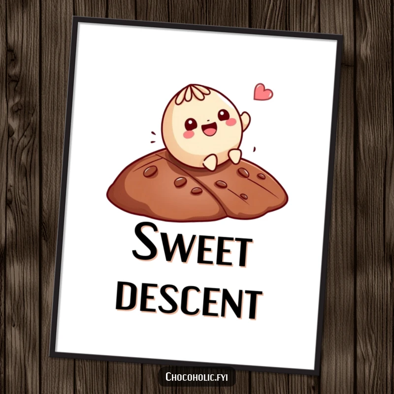 Funny Kawaii truffle character gleefully rolling down a chocolate hill, a delicious and funny poster.