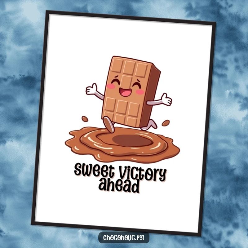 Funny smiling chocolate bar character with legs joyfully leaping over melted chocolate, featured as a poster for sweet and humorous wall art.