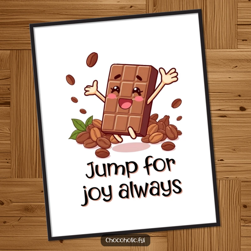 Funny poster illustrating a chocolate bar character leaping joyfully, surrounded by cocoa beans, evoking a sense of sweet celebration.