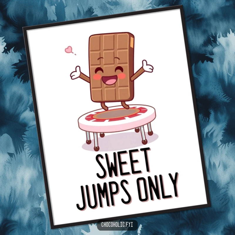 Funny poster of a chocolate bar character joyfully bouncing on a marshmallow trampoline with arms wide open, capturing pure exhilaration.