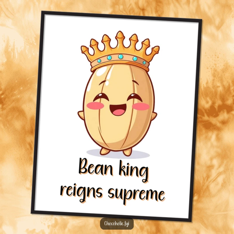 Funny poster of a cocoa bean wearing a golden crown, looking overjoyed and majestic, adding humor to wall decor.