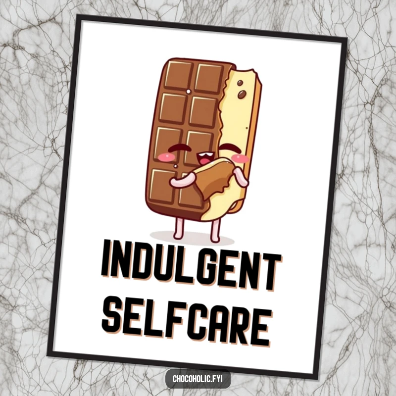Funny Poster: Kawaii chocolate bar character with eyes closed, savoring a bite of itself, radiating pure bliss and self-love, a great art gift.