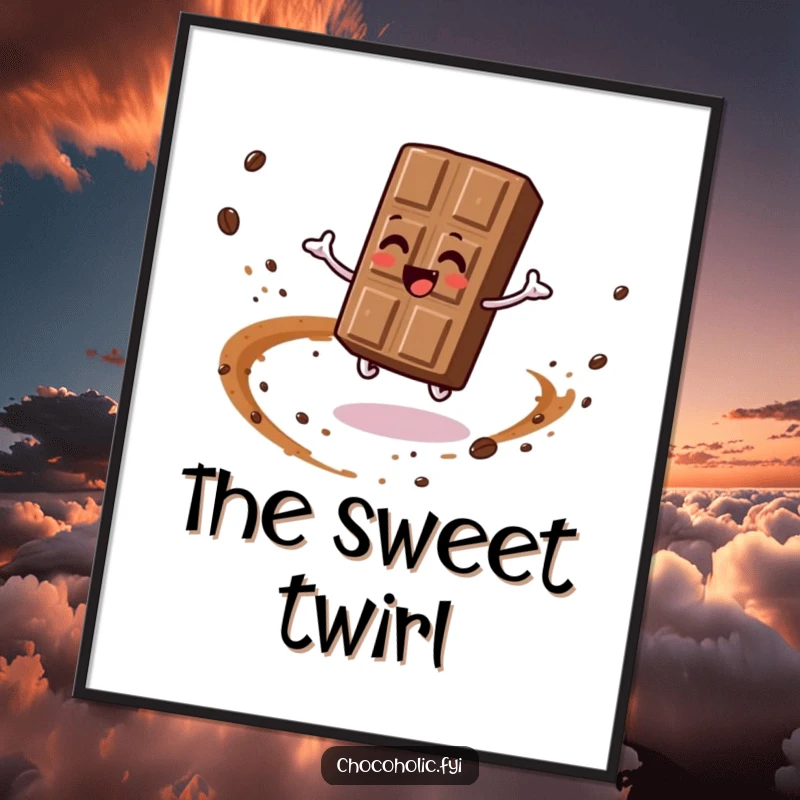 Funny poster of a chocolate bar character in a delightful spin, artistically trailing cocoa dust. Joyful motion art.