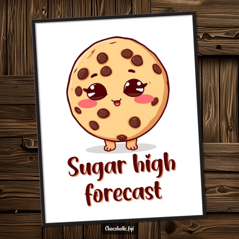 Funny poster of a chocolate chip cookie character with crossed eyes, illustrating a peak sugar rush moment.