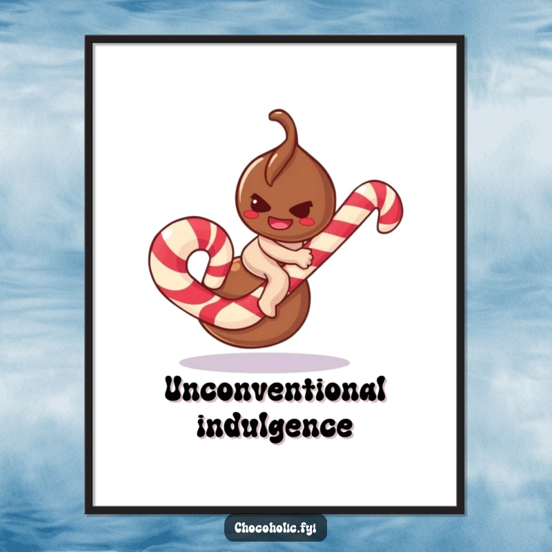 Funny chocolate truffle poster character with a mischievous smirk, attempting to ride a giant candy cane, adding playful art.