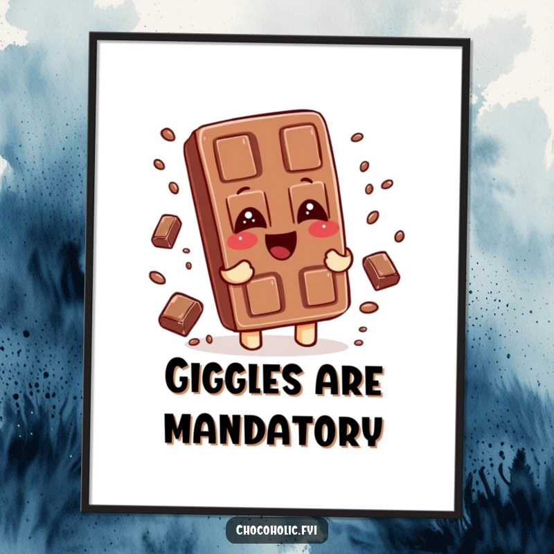 Funny poster illustrating a chocolate bar character giggling, with tiny chocolate sprinkles falling around it, evoking cheerful delight.