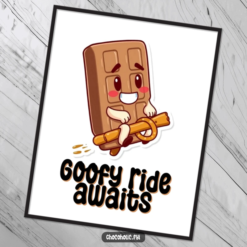 Funny Poster: A goofy chocolate bar rides a pretzel stick, creating a hilarious and imaginative scene for wall art.
