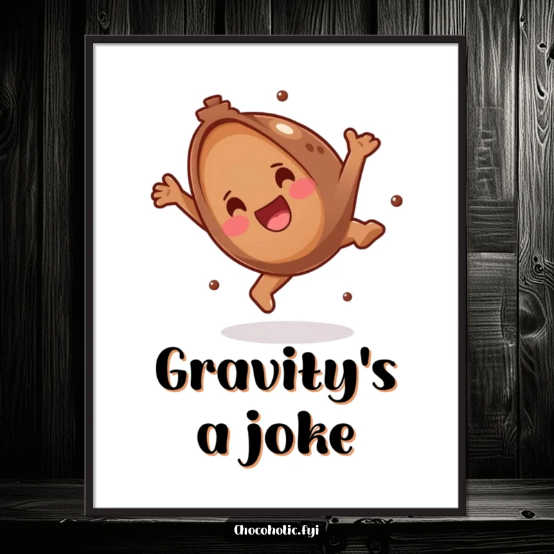 Funny Poster of a chocolate truffle joyfully executing a somersault, capturing a moment of pure elation. Vibrant and humorous wall decor.