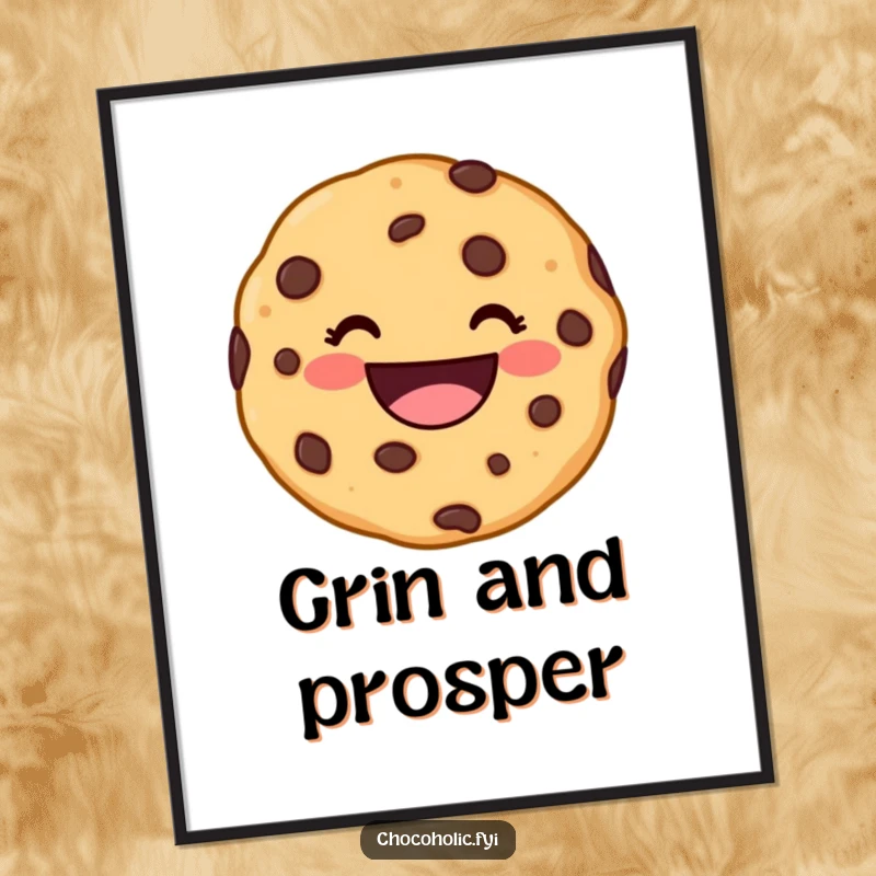 Funny kawaii chocolate chip cookie character with a wide, delighted grin on a poster, adding cheerful art to any room.