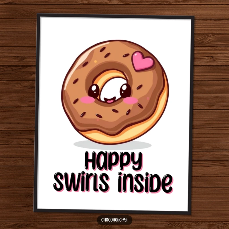 Funny poster of a kawaii chocolate donut character with a prominent happy swirl, radiating pure sugary delight.