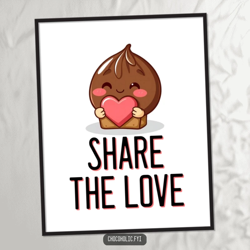 Funny shy chocolate truffle poster with a rosy blush offering a heart-shaped piece, adding romantic charm.