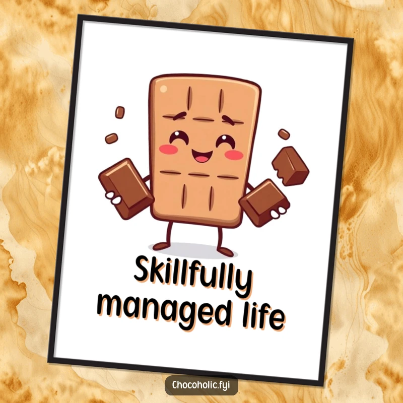 Funny poster artwork of a chocolate bar character demonstrating exceptional juggling skills with three small chocolates, a charming display of sweet talent.