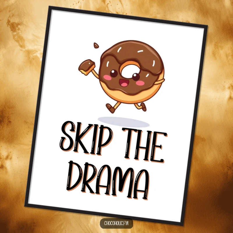 Funny Poster: A chocolate donut happily skips with a bite taken out, creating a joyful and humorous piece of art.