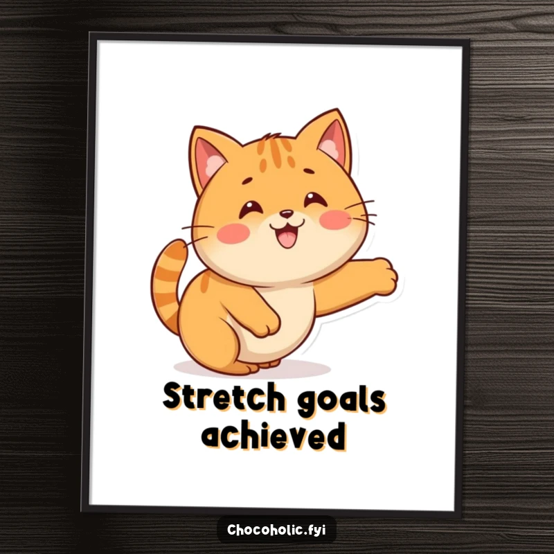 Funny Kawaii caramel character stretching out like a cat, presented as charming wall art poster.