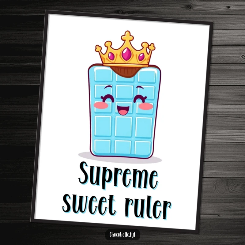 Funny poster featuring a chocolate bar character wearing a small crown, radiating regal delight. Elegant humorous art.