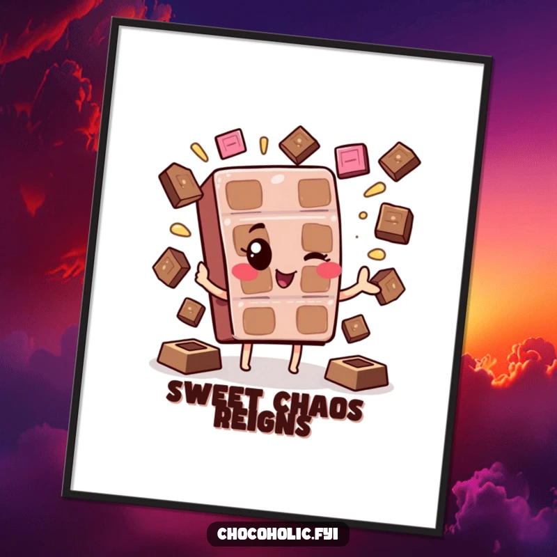 Funny Kawaii Chocolate Wink Poster: A cute chocolate bar character winking and juggling melting squares, adding sweet joy.