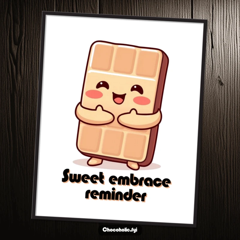 Funny Kawaii chocolate bar giving itself a warm hug, a sweet and humorous wall art.