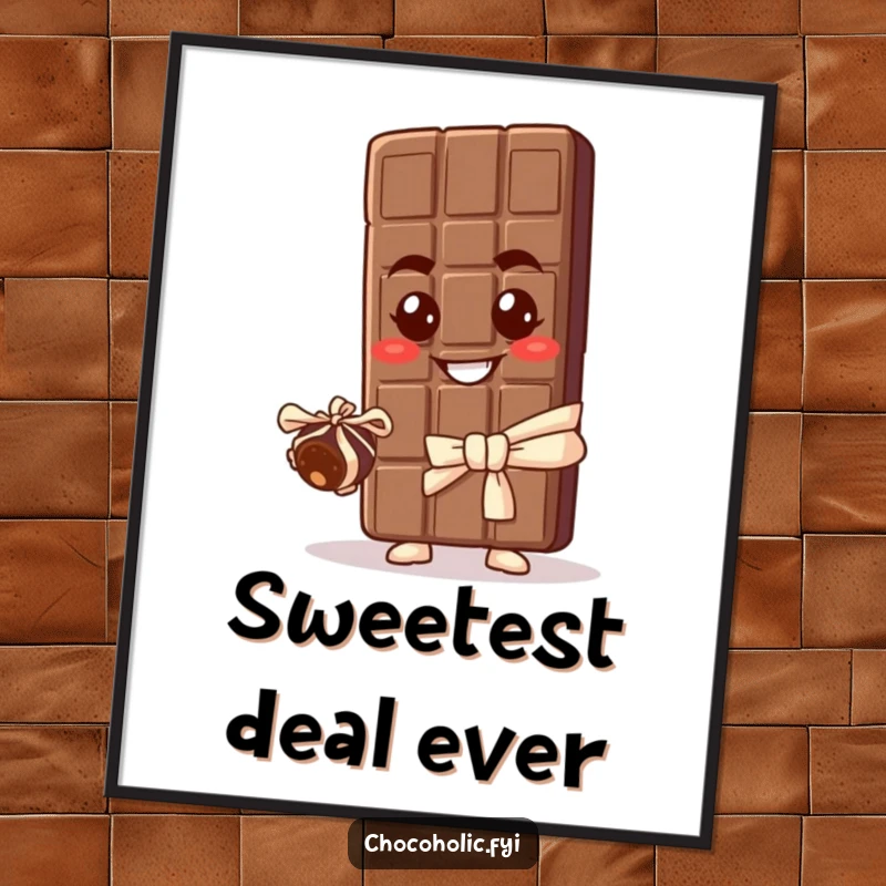 Funny poster displaying a chocolate bar character with a mischievous grin, extending a tiny wrapped truffle, evoking playful sweetness and humor.