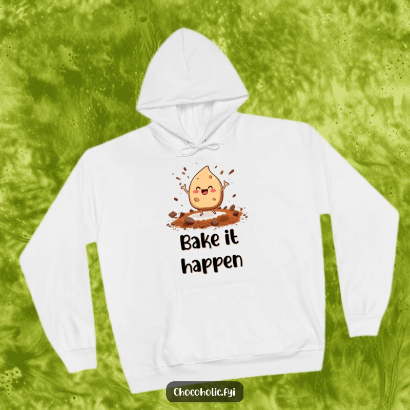 Funny dancing chocolate chip hoodie, complete with tiny legs and scattering cocoa powder, for cozy comfort.