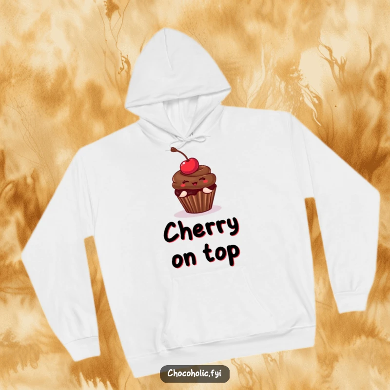 Funny Hoodie featuring a charming chocolate cupcake with a cherry in a playful pose, radiating sweetness. A warm and humorous apparel choice.