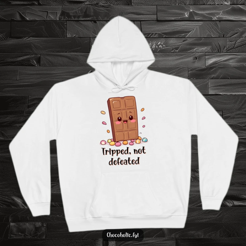 Funny Hoodie: A kawaii chocolate bar character trips and scatters candy. Great for anyone who loves cute and humorous graphic hoodies.