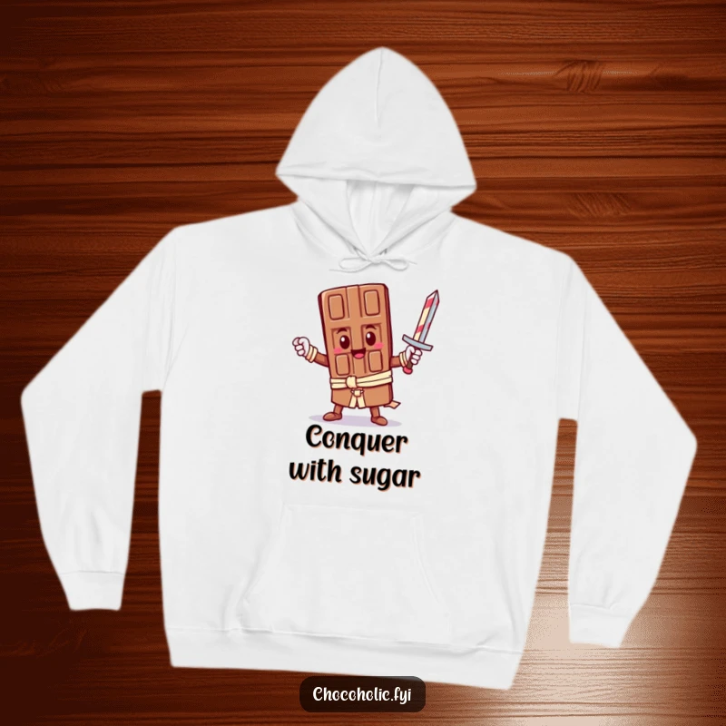 Funny Hoodie: A brave kawaii chocolate bar poses heroically with a candy cane sword. Ideal for fans of cute, funny, and action-packed graphic hoodies.