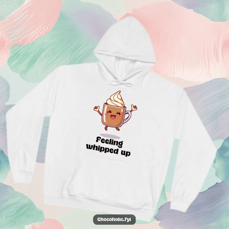Cozy funny chocolate mug hoodie with a happy character and cream swirl performing a celebratory jump.