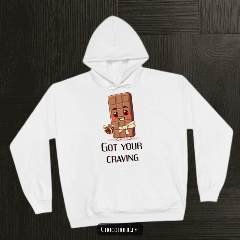 Funny hoodie showcasing a chocolate bar character with a sly grin, presenting a small, neat truffle as a delightful, humorous gesture.