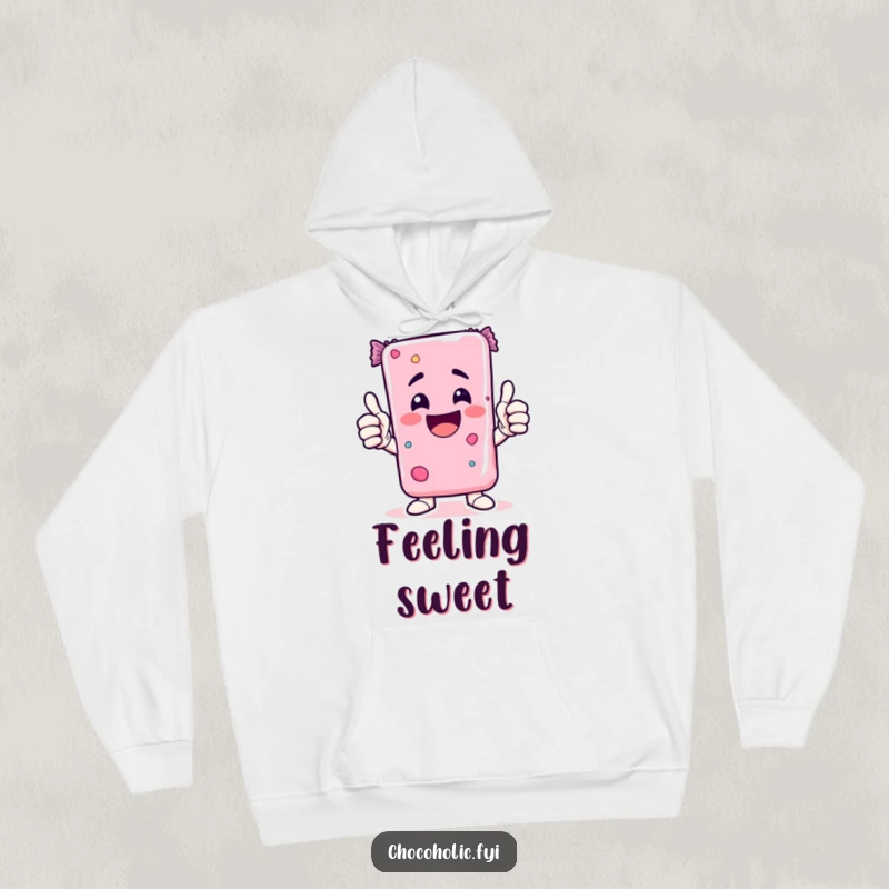 Funny Kawaii candy bar character giving a double thumbs-up, featured on a cozy and humorous hoodie.