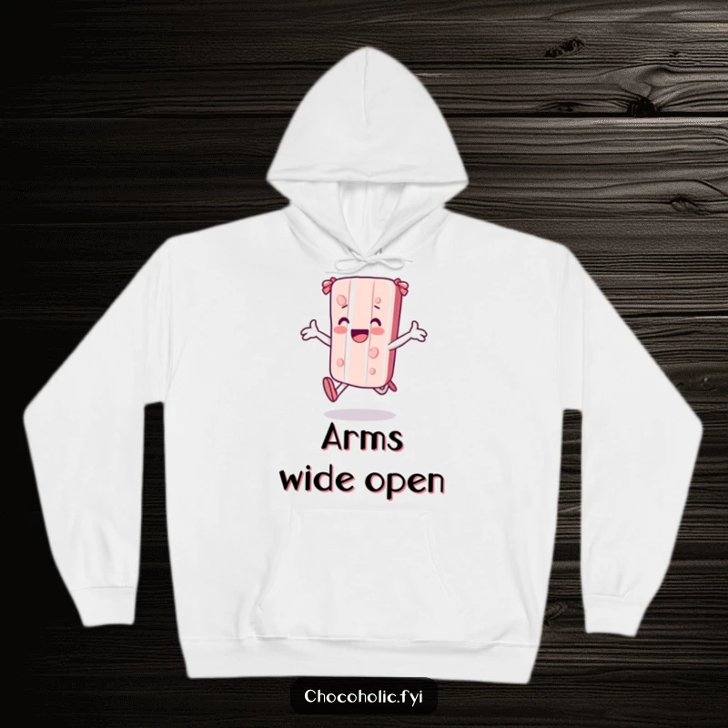 Funny kawaii candy bar character skipping joyfully with outstretched arms on a hoodie, offering comfort and cheer.