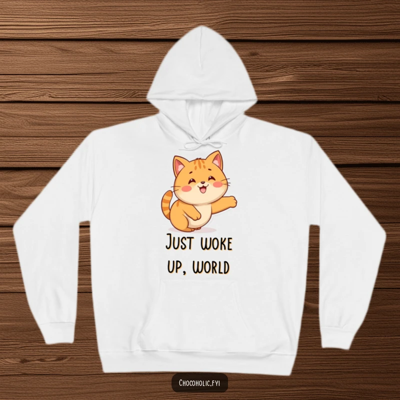 Funny Kawaii caramel character doing a relaxed cat stretch, featured on a warm and cozy hoodie.