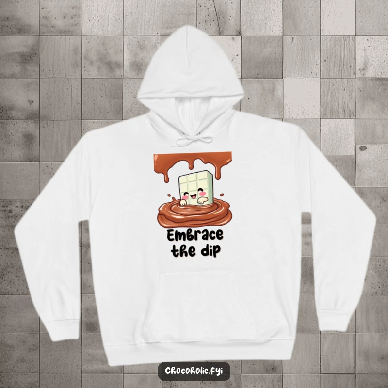 Funny Kawaii chocolate bar character diving into a pool of chocolate sauce on a soft, comfortable hoodie.