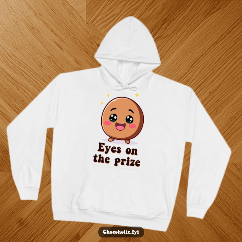 Funny kawaii chocolate chip with a big, excited smile and sparkling eyes on a hoodie, offering warmth and cheerful vibes.