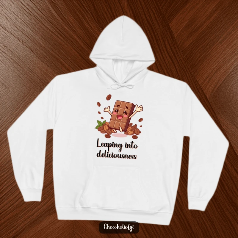 Funny hoodie depicting an overjoyed chocolate bar character leaping amidst a shower of cocoa beans, exuding pure delight.