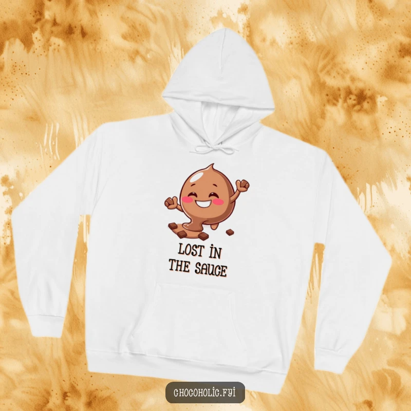 Cozy funny melting chocolate blob hoodie with a silly grin reaching for more chocolate, perfect for indulgence.