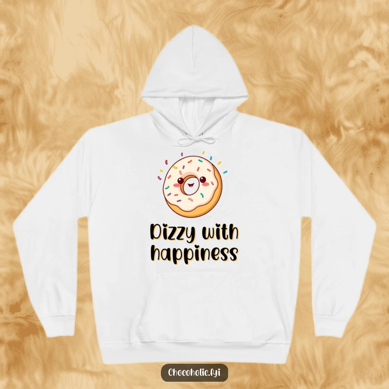 Funny kawaii donut character, spinning with sprinkles flying, featured on a warm and cozy hoodie, full of delight.