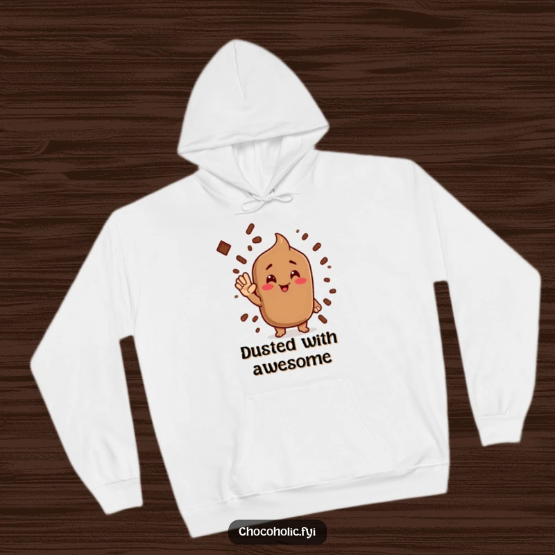 Funny cocoa powder hoodie with a character giving a silly salute, offering warmth and humorous charm.