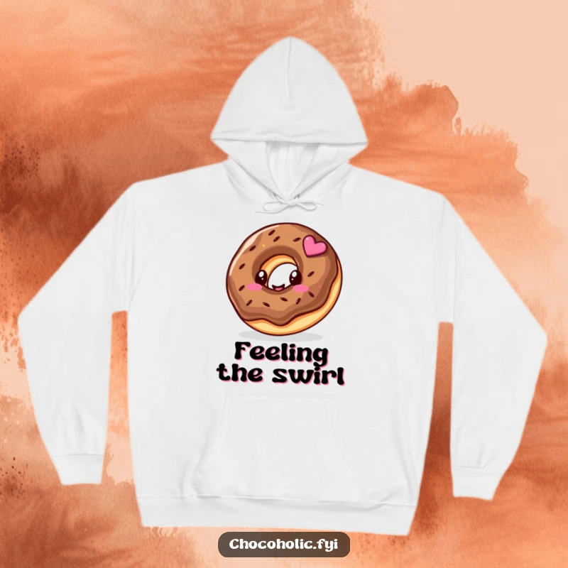 Funny hoodie with a kawaii chocolate donut character, its happy swirl bringing smiles and cozy vibes.