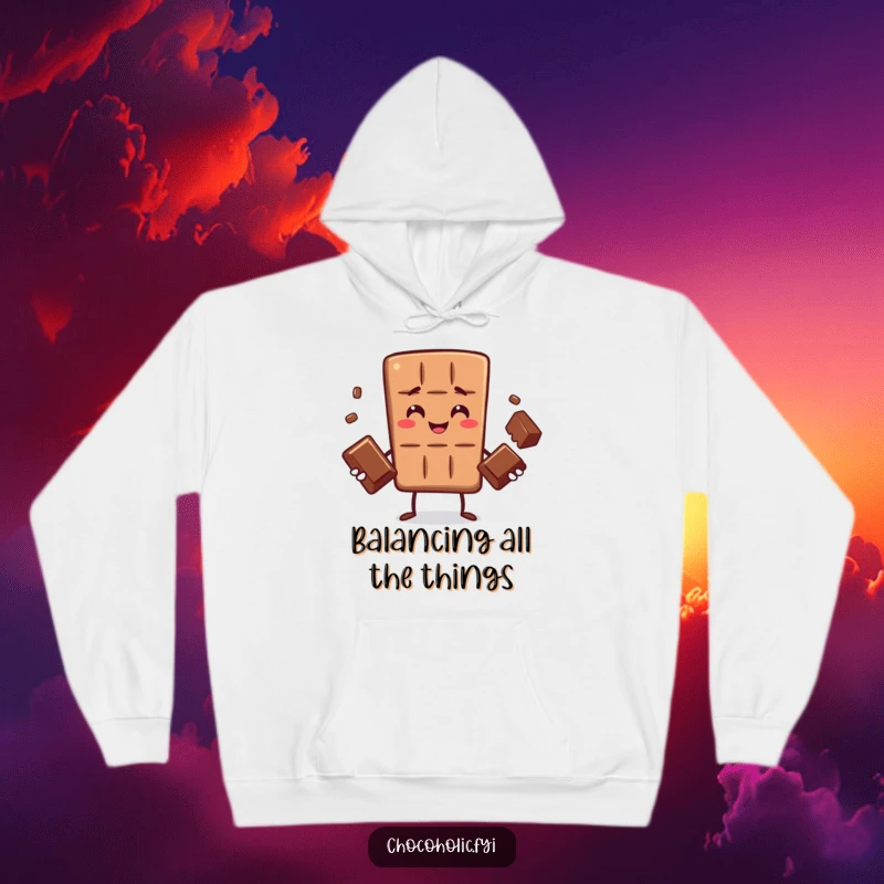 Funny hoodie depicting a chocolate bar character skillfully juggling three chocolates, a humorous representation of managing life's many elements with ease.