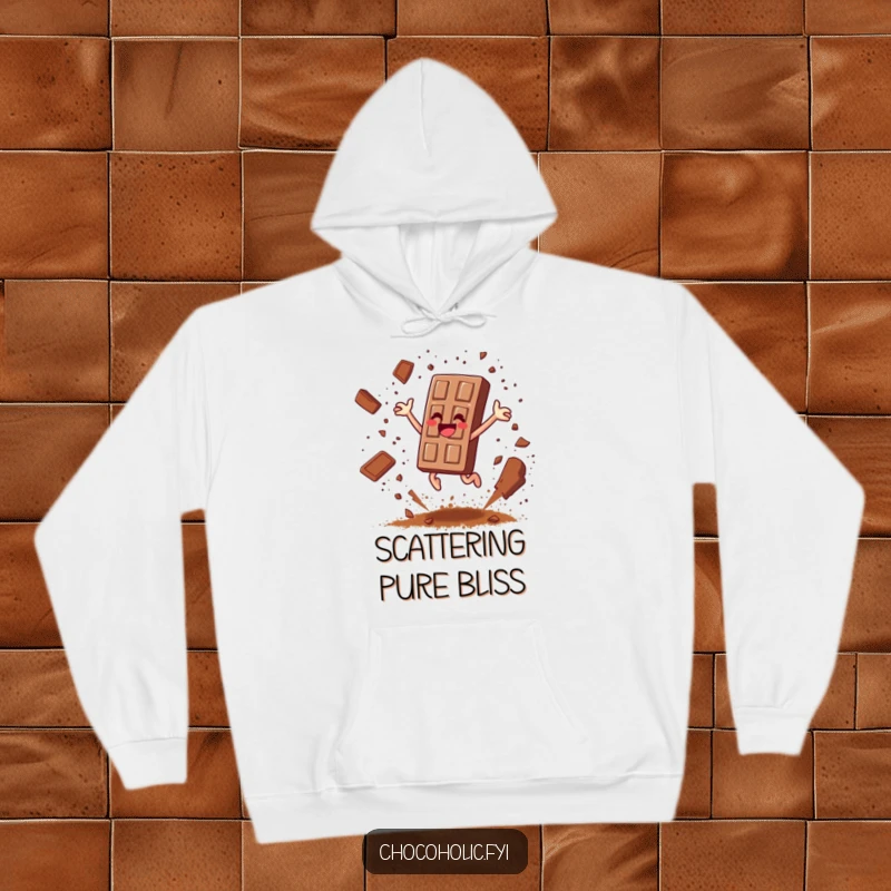 Funny chocolate bar character leaping joyfully, scattering cocoa powder like confetti on a cozy hoodie, radiating happiness.